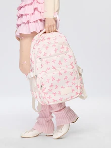 ROMWE Kawaii 3件組米色尼龍蝴蝶結印花多口袋可折疊防水拉鍊背包，適合青少年、高中/大學生、女性日常、上學、訓練、通勤、購物、旅行，情人節禮物（隨機字母吊牌），時尚背包附鉛筆盒，可愛蝴蝶結開學必備背包，大學背包，大學必備，大容量學生背包 - 粉色 - 查看 10