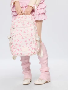 ROMWE Kawaii 3件組米色尼龍蝴蝶結印花多口袋可折疊防水拉鍊背包，適合青少年、高中/大學生、女性日常、上學、訓練、通勤、購物、旅行，情人節禮物（隨機字母吊牌），時尚背包附鉛筆盒，可愛蝴蝶結開學必備背包，大學背包，大學必備，大容量學生背包 - 粉色 - 查看 9