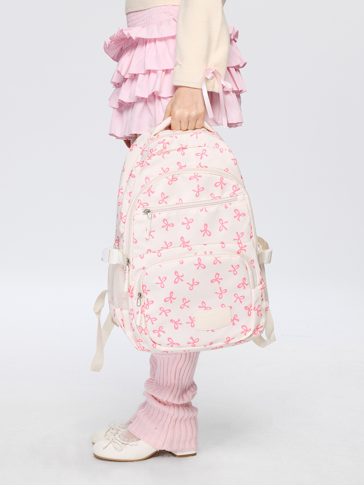 ROMWE Kawaii 3件組米色尼龍蝴蝶結印花多口袋可折疊防水拉鍊背包，適合青少年、高中/大學生、女性日常、上學、訓練、通勤、購物、旅行，情人節禮物（隨機字母吊牌），時尚背包附鉛筆盒，可愛蝴蝶結開學必備背包，大學背包，大學必備，大容量學生背包 - 粉色 - 查看 5