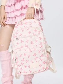ROMWE Kawaii 3件組米色尼龍蝴蝶結印花多口袋可折疊防水拉鍊背包，適合青少年、高中/大學生、女性日常、上學、訓練、通勤、購物、旅行，情人節禮物（隨機字母吊牌），時尚背包附鉛筆盒，可愛蝴蝶結開學必備背包，大學背包，大學必備，大容量學生背包 - 粉色 - 查看 11
