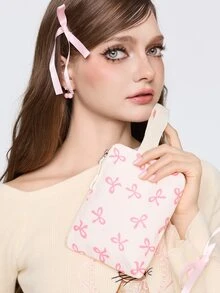 ROMWE Kawaii 3件組米色尼龍蝴蝶結印花多口袋可折疊防水拉鍊背包，適合青少年、高中/大學生、女性日常、上學、訓練、通勤、購物、旅行，情人節禮物（隨機字母吊牌），時尚背包附鉛筆盒，可愛蝴蝶結開學必備背包，大學背包，大學必備，大容量學生背包 - 粉色 - 查看 13