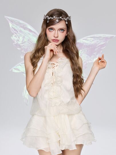 ROMWE Fairycore Gold Foil Printed Flower Wings, Elf Fairy,Spirit Wings, Festival Party, Halloween,Carnival. Dance Performance,Costume Props,Outdoor Photo Taking
