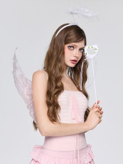 ROMWE Kawaii 3pcs Natural Feather Material White Angel Wings Set, Perfect For Festival Angel Costume, Photo Shoot, Stage Performance And Cosplay Prop Halloween,Party