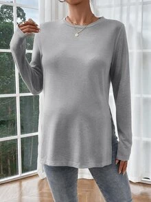 SHEIN Maternity Casual Solid Color Side Slit T-Shirt For Autumn - Light Grey - View 5