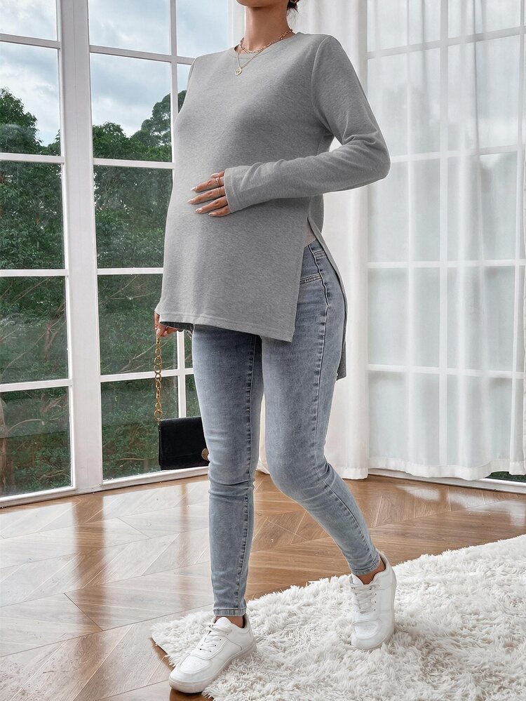 SHEIN Maternity Casual Solid Color Side Slit T-Shirt For Autumn Fall - Light Grey - View 2
