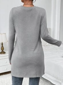 SHEIN Maternity Casual Solid Color Side Slit T-Shirt For Autumn - Light Grey - View 6