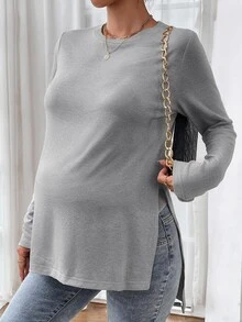 SHEIN Maternity Casual Solid Color Side Slit T-Shirt For Autumn - Light Grey - View 4