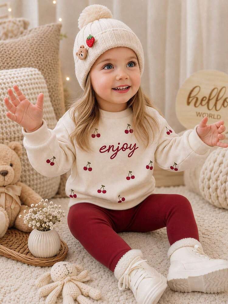SHEIN Baby Girl Casual Thick Warm Vintage Cute Mini Cherry Print Loose Round Neck Pullover Sweatshirt Soft Casual Leggings 2-Piece Set Suitable For Autumn/Winter Daily, Fall Vibes, Fashion Winter, Christmas, Halloween, Outdoor, Picnic - Multicolor - View 5