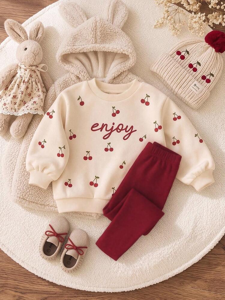 SHEIN Baby Girl Casual Thick Warm Vintage Cute Mini Cherry Print Loose Round Neck Pullover Sweatshirt Soft Casual Leggings 2-Piece Set Suitable For Autumn/Winter Daily, Fall Vibes, Fashion Winter, Christmas, Halloween, Outdoor, Picnic - Multicolor - View 3