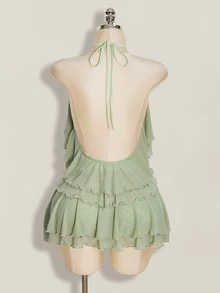 SHEIN ICON Women's Multi-Layer Ruffle Halter Neck Backless Sexy Dress Night Out Sage Green Summer - Mint Green - View 2