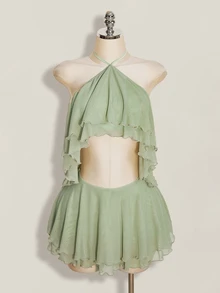SHEIN ICON Women's Multi-Layer Ruffle Halter Neck Backless Sexy Dress Night Out Sage Green Summer - Mint Green - View 9