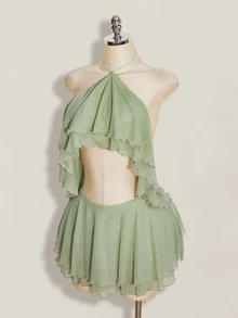 SHEIN ICON Women's Multi-Layer Ruffle Halter Neck Backless Sexy Dress Night Out Sage Green Summer - Mint Green - View 1