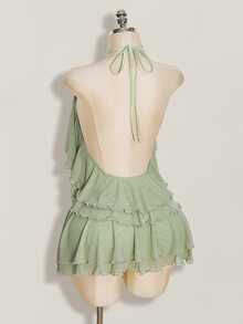 SHEIN ICON Women's Multi-Layer Ruffle Halter Neck Backless Sexy Dress Night Out Sage Green Summer - Mint Green - View 8