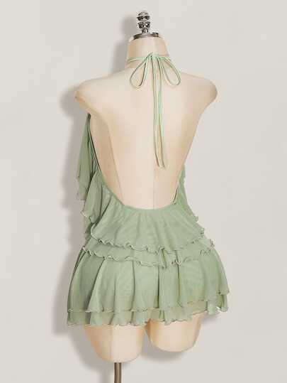 SHEIN ICON Women's Multi-Layer Ruffle Halter Neck Backless Sexy Dress Night Out Sage Green Summer