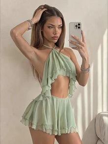 SHEIN ICON Women's Multi-Layer Ruffle Halter Neck Backless Sexy Dress Night Out Sage Green Summer - Mint Green - View 3