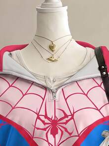 SHEIN EZwear 女款黑灰色蜘蛛印花寬鬆版型灰色半拉鍊高領輕便套頭運動衫，適合萬聖節、電影約會、朋友聚會等場合 - 彩色 - 查看 3