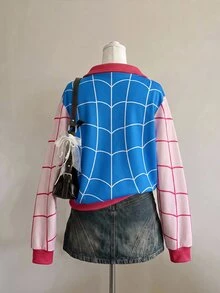 SHEIN EZwear 女款黑灰色蜘蛛印花寬鬆版型灰色半拉鍊高領輕便套頭運動衫，適合萬聖節、電影約會、朋友聚會等場合 - 彩色 - 查看 2