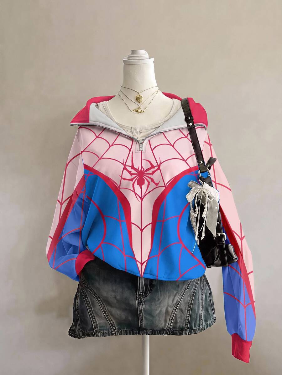 SHEIN EZwear 女款黑灰色蜘蛛印花寬鬆版型灰色半拉鍊高領輕便套頭運動衫,適合萬聖節、電影約會、朋友聚會等場合 - 彩色 - 查看 1