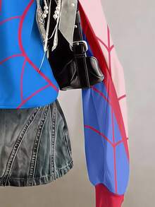 SHEIN EZwear 女款黑灰色蜘蛛印花寬鬆版型灰色半拉鍊高領輕便套頭運動衫，適合萬聖節、電影約會、朋友聚會等場合 - 彩色 - 查看 4