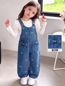 SHEIN Young Girl Bow Embroidery Denim Overalls - Blue - View 10
