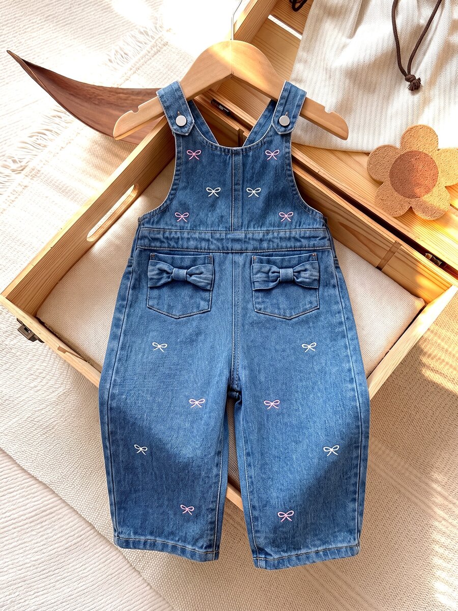 SHEIN Young Girl Bow Embroidery Denim Overalls