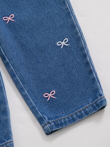 SHEIN Young Girl Bow Embroidery Denim Overalls - Blue - View 9