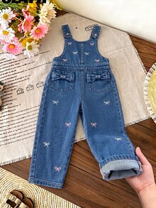 SHEIN Young Girl Bow Embroidery Denim Overalls - Blue - View 4