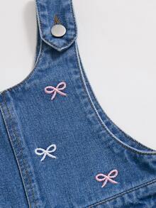 SHEIN Young Girl Bow Embroidery Denim Overalls - Blue - View 6