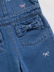 SHEIN Young Girl Bow Embroidery Denim Overalls - Blue - View 8
