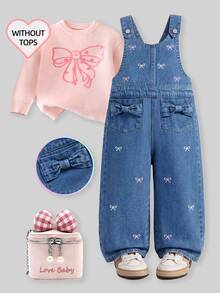 SHEIN Young Girl Bow Embroidery Denim Overalls - Blue - View 11