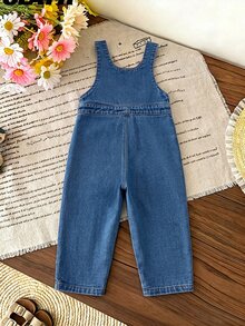 SHEIN Young Girl Bow Embroidery Denim Overalls - Blue - View 3