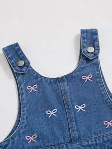 SHEIN Young Girl Bow Embroidery Denim Overalls - Blue - View 5