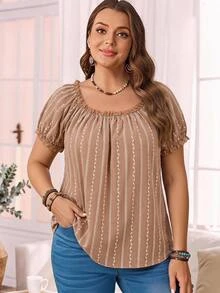 Rosumi Women's Plus Size Lace Patchwork Textured Fabric Allover White Pullover Round Neck Blouse Summer Country Casual Smart Elegant Boho Vacation - Coffee Brown - View 1