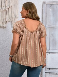 Rosumi Women's Plus Size Lace Patchwork Textured Fabric Allover White Pullover Round Neck Blouse Summer Country Casual Smart Elegant Boho Vacation - Coffee Brown - View 2