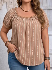 Rosumi Women's Plus Size Lace Patchwork Textured Fabric Allover White Pullover Round Neck Blouse Summer Country Casual Smart Elegant Boho Vacation - Coffee Brown - View 3