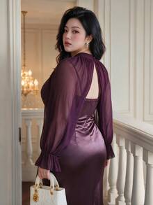 Vibekara Plus Size Women Solid Color Ruffle Cuff Cropped Top And Mermaid Hem Dress Elegant 2 Pieces Set Fall - Purple - View 6