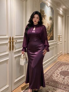 Vibekara Plus Size Women Solid Color Ruffle Cuff Cropped Top And Mermaid Hem Dress Elegant 2 Pieces Set Fall - Purple - View 7