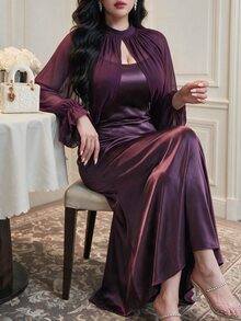 Vibekara Plus Size Women Solid Color Ruffle Cuff Cropped Top And Mermaid Hem Dress Elegant 2 Pieces Set Fall - Purple - View 3