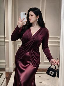 Vibekara Plus Size Women Solid Color Pleated Long Sleeve Top And Mermaid Skirt Elegant 2 Pieces Set Fall - Burgundy - View 4