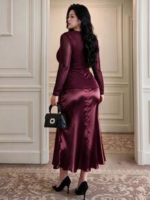Vibekara Plus Size Women Solid Color Pleated Long Sleeve Top And Mermaid Skirt Elegant 2 Pieces Set Fall - Burgundy - View 2