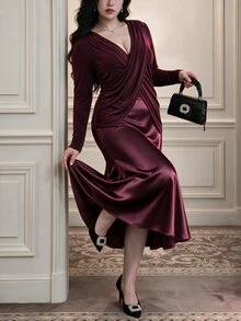 Vibekara Plus Size Women Solid Color Pleated Long Sleeve Top And Mermaid Skirt Elegant 2 Pieces Set Fall - Burgundy - View 1