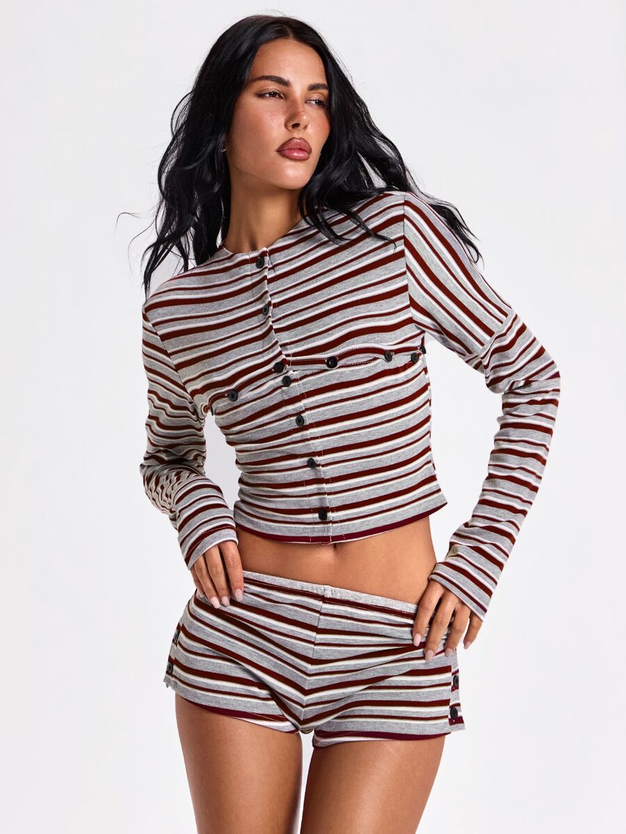 ROMWE Autumn/Winter Y2K Hot Girl Red White Grey Colorblock Striped Vintage Women's Button-Up Top & Super Short Shorts 2 Pieces Set - Red and White - View 1