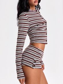 ROMWE Autumn/Winter Y2K Hot Girl Red White Grey Colorblock Striped Vintage Women's Button-Up Top & Super Short Shorts 2 Pieces Set - Red and White - View 8