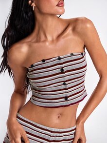 ROMWE Autumn/Winter Y2K Hot Girl Red White Grey Colorblock Striped Vintage Women's Button-Up Top & Super Short Shorts 2 Pieces Set - Red and White - View 2