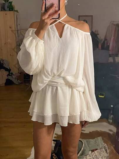 Aloruh Rochie mini de damă pentru toamnă/iarnă, culoarea cais, elegantă, sexy, drăguță, stil hot girl, pentru naveta zilnică, întâlniri romantice, vacanță și petreceri, cu bretele încrucișate la gât, legată, umeri goi, din șifon strălucitor, cu talie strânsă și mânecă lungă