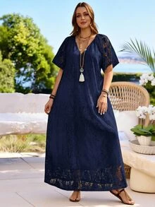 Rosumi Plus Size Women's Summer Casual Vacation Solid White Lace Dress - Navy Blue - View 16