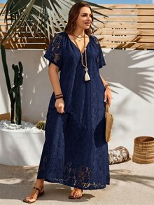 Rosumi Plus Size Women's Summer Casual Vacation Solid White Lace Dress - Navy Blue - View 11