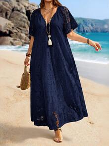 Rosumi Plus Size Women's Summer Casual Vacation Solid White Lace Dress - Navy Blue - View 13