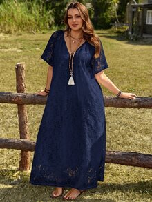 Rosumi Plus Size Women's Summer Casual Vacation Solid White Lace Dress - Navy Blue - View 6