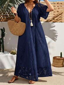 Rosumi Plus Size Women's Summer Casual Vacation Solid White Lace Dress - Navy Blue - View 9